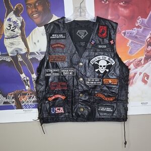 Diamond Plate Black Leather Biker Vest with Patches